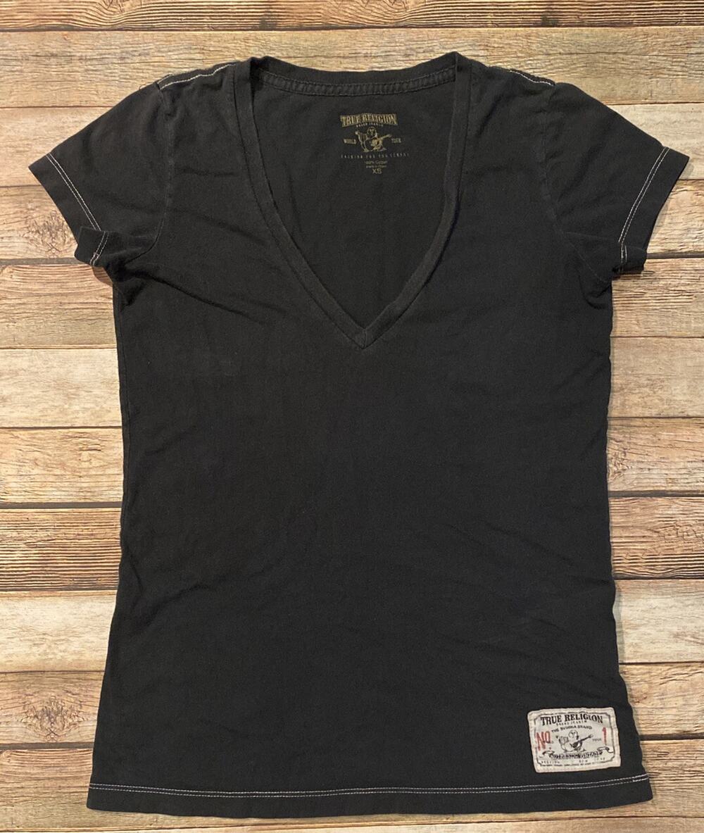 True Religion Womens Size XS Black V Neck Short Sleeve T- Shirt